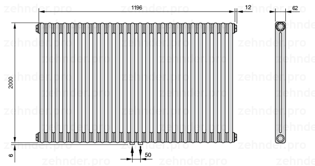 Схема (чертеж) Радиатор Zehnder Charleston 2200/26 №3470 Белый глянцевый RAL 9016